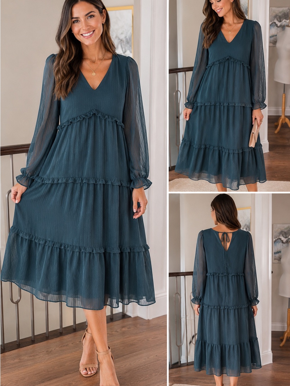 NWT Lumiere Teal Tiered Midi Dress Sheer Sleeve Romantic Cottagecore